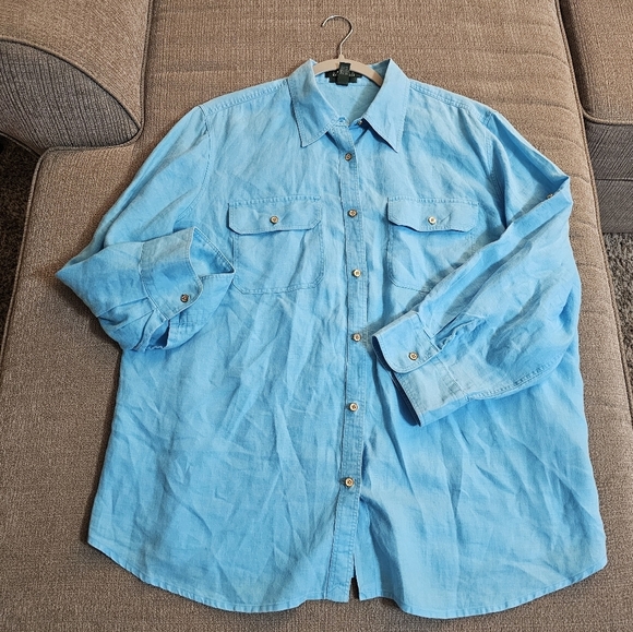 Lauren Ralph Lauren Tops - Lauren Ralph Lauren Linen Light Blue Turquoise Lagenlook Relaxed Button Top 1X